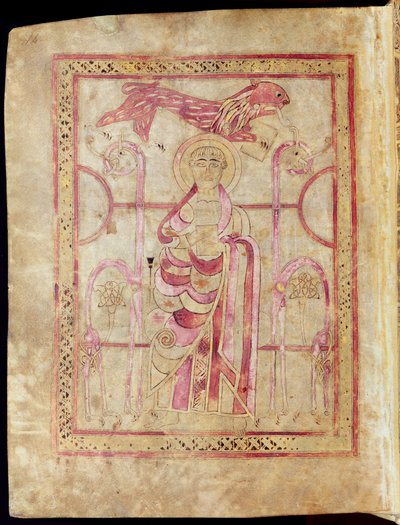 St. Marcus op zijn troon met zijn leeuw, titelpagina van het Evangelie van St. Marcus, uit de Lichfield-evangeliën, c.720 door English School